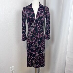 Vintage Y2K Abstract Babydoll Dress Womens Small Black Pink Retro Mod Groovy